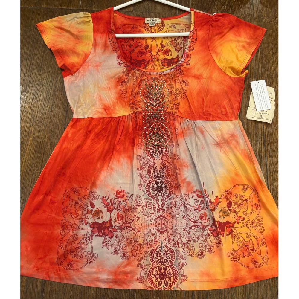 One World Live and Let Live Orange Tie Dye Rhinestone Empire Waist Tunic Top L
